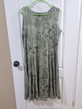 Olive Green Floral Midi Dress - Sleeveless A-Line